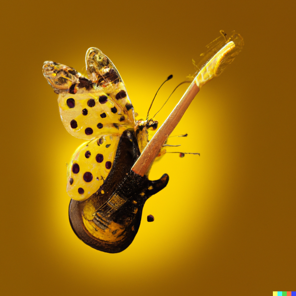 DALL·E 2022-09-19 02.27.13 - A yellow polka dotted butterfly playing an electric guitar , digital art..png