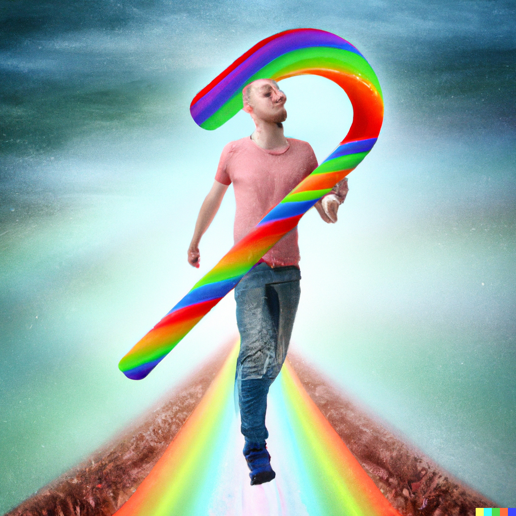 DALL·E 2022-09-19 03.07.54 - funny looking man walking with a candy cane over a rainbow..png