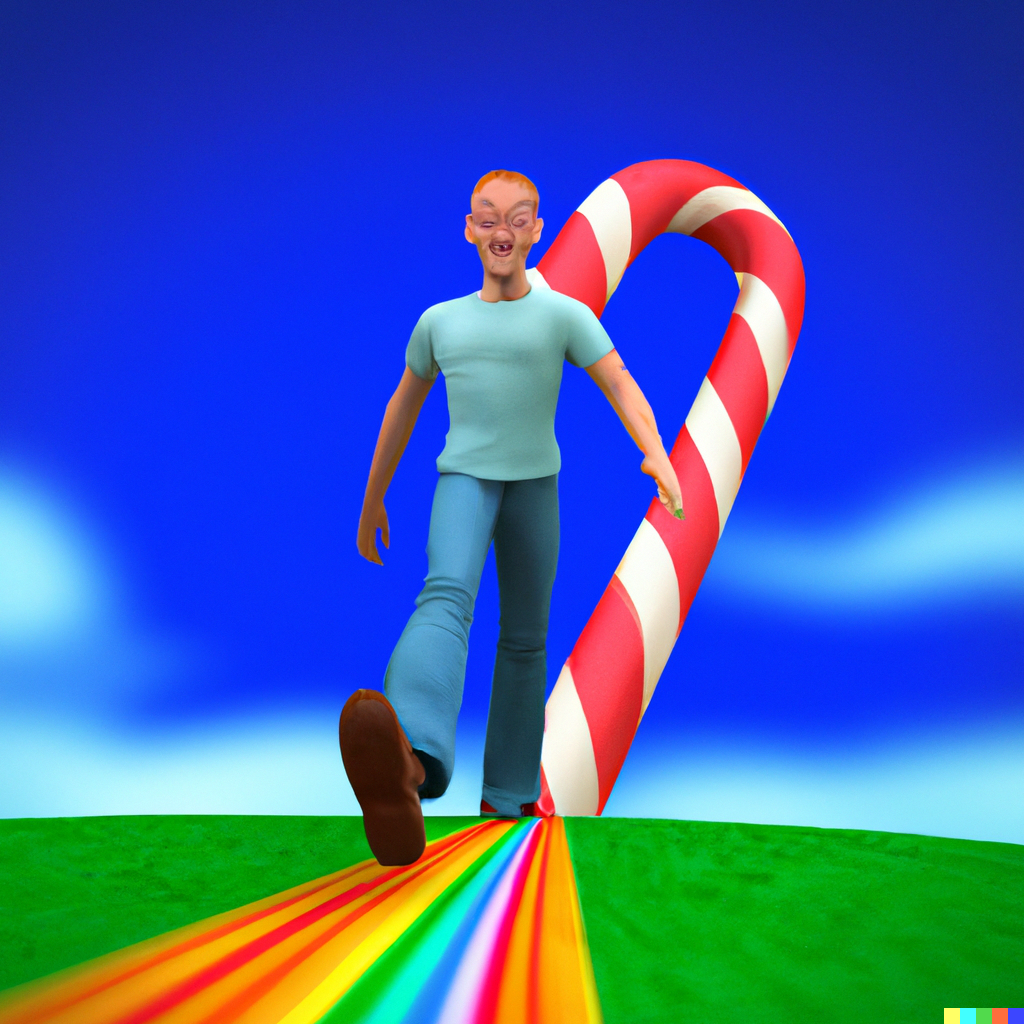 DALL·E 2022-09-19 03.08.15 - funny looking man walking with a candy cane over a rainbow..png