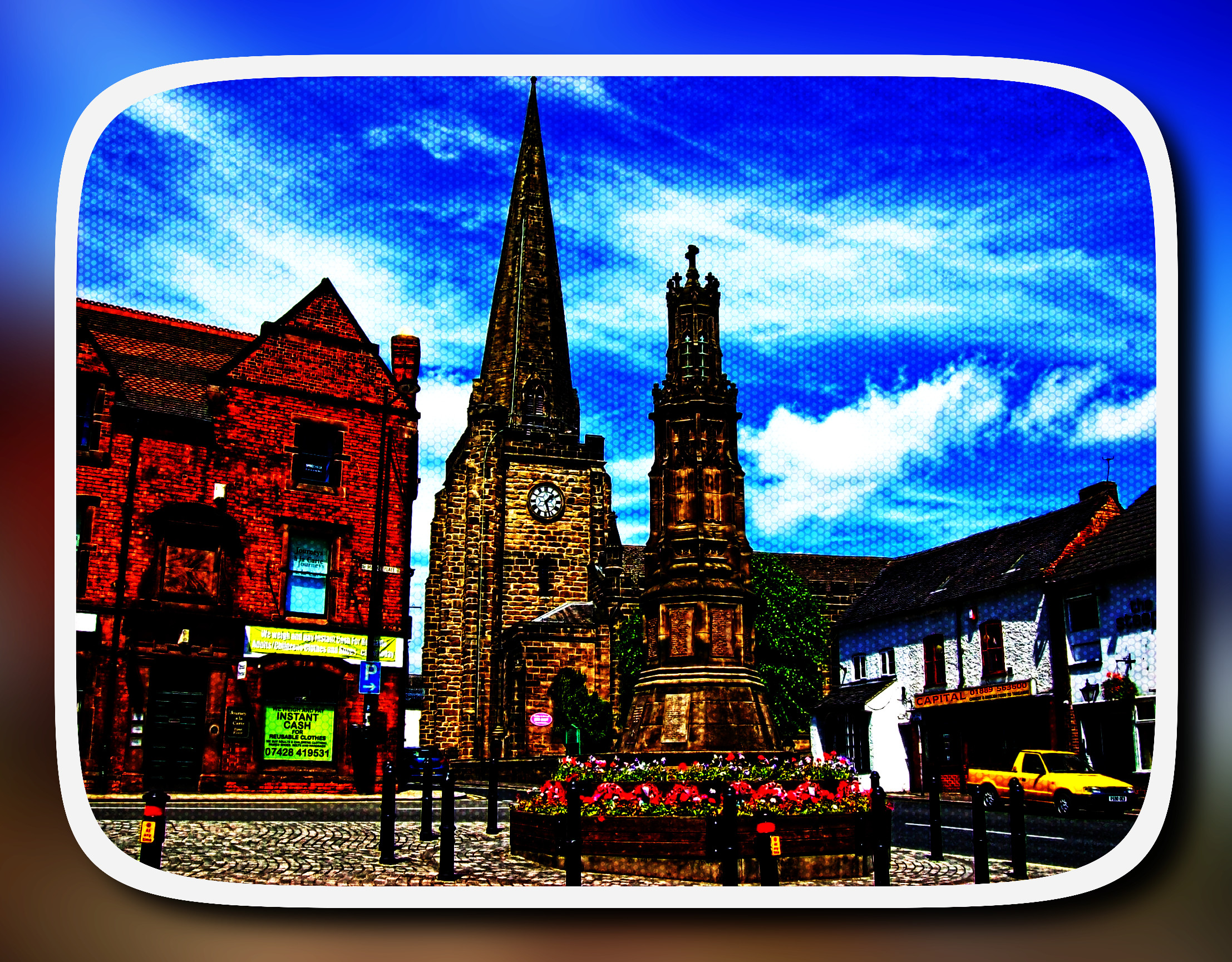 2023-10-10 15-03-32uttoxeter-171414_1920 with a framed patterned effect, styleHalftone_shapes (prep.step choosen=Equalize Local Histogram..jpg