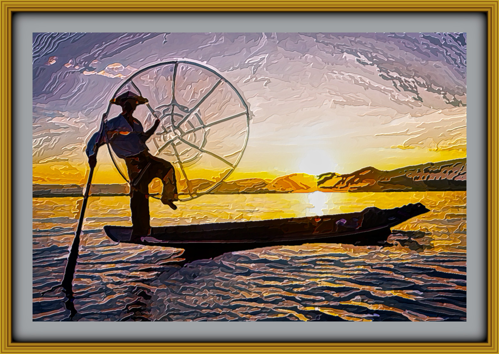2024-02-15 10-11-33 Inle_Lake_Sunset_Fisherman_Myanmar_Colby_Brown with JVID Embossed Graphic Effect, parms=1, 127.0, 6.0, 8.0, 7.5, 9.75, 1.5, 0.0, 0.jpeg