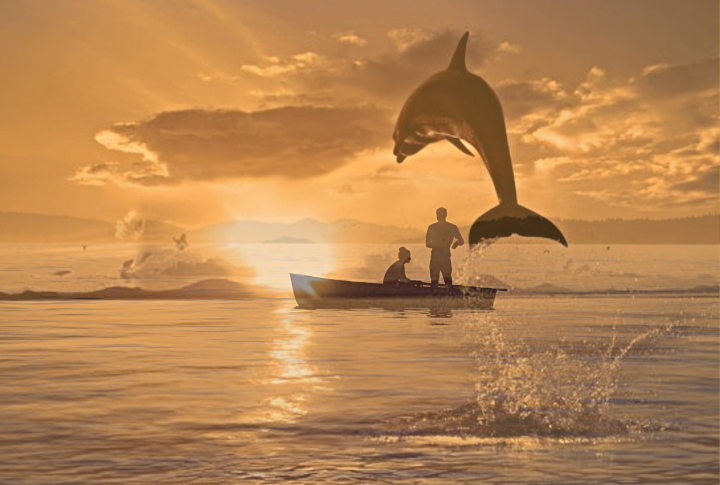 Double Exposure Dolphin jumps Boat.jpg