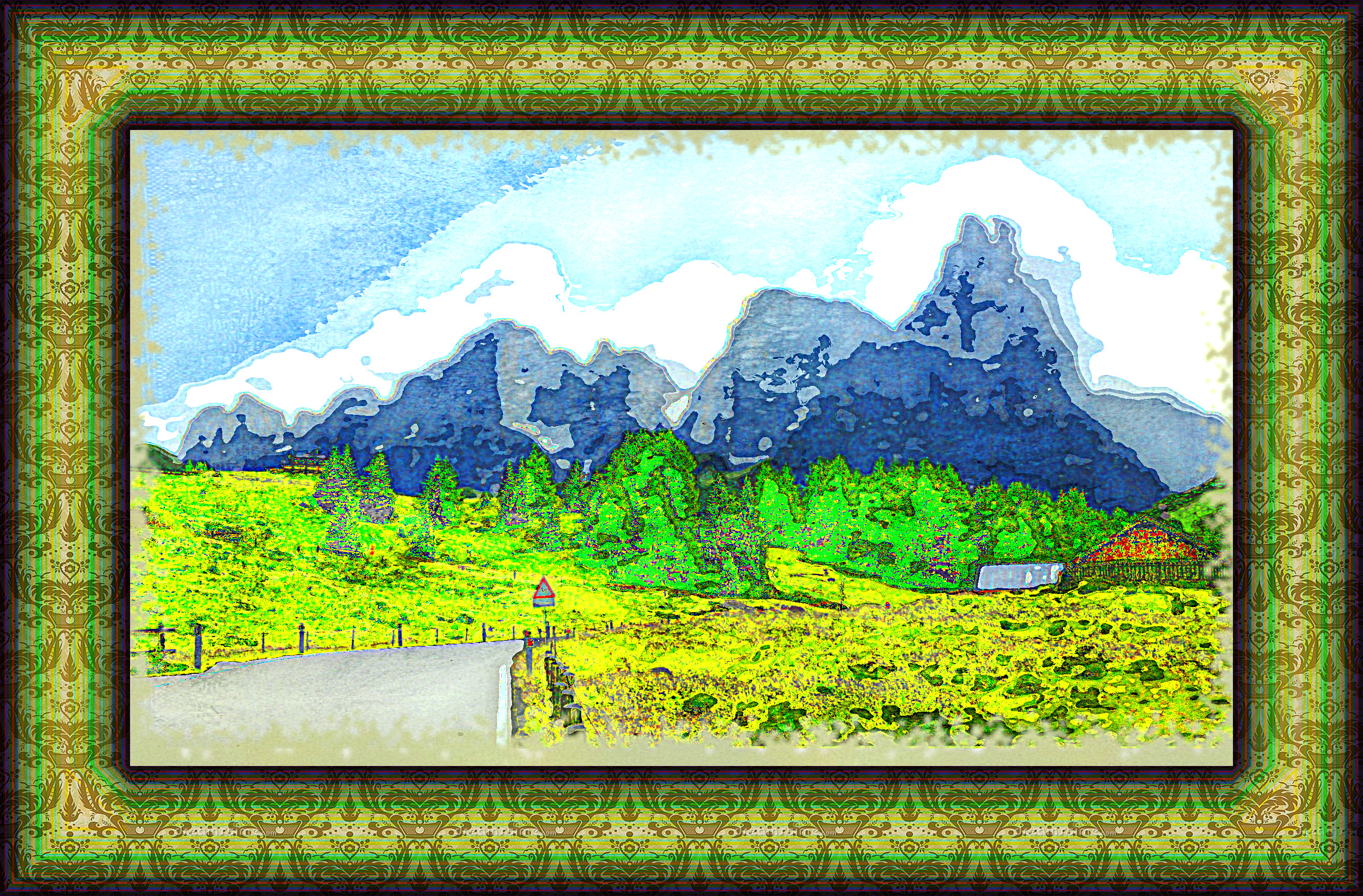 2019-04-04 16-53-02 Dolomiti_2011_Pana_20110711_373 as a simple aquarel, using 16 colours, framed.jpg
